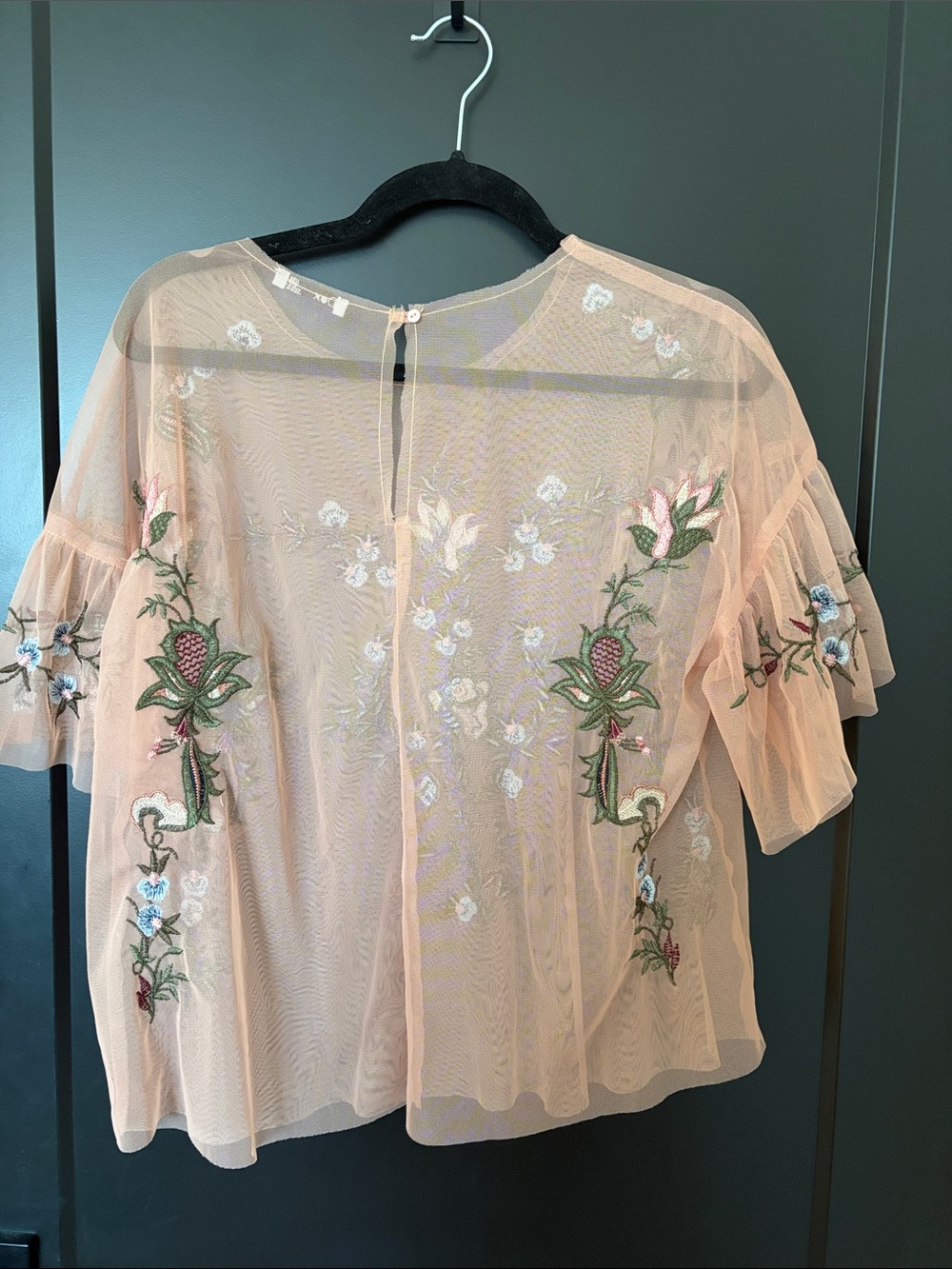 Dex Peach Mesh Embroidered Floral Ruffle Sleeve Blouse - Picture 2 of 3